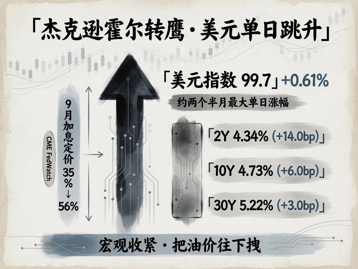 杰克逊霍尔转鹰，9月加息定价升至56%，美元指数99.7涨0.61%