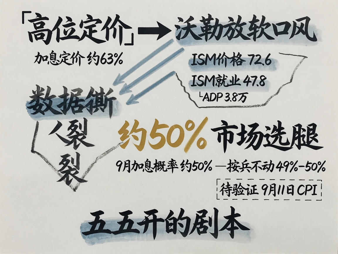 政策与数据：沃勒放软口风，加息定价约63%压回约50%、按兵不动49%-50%，ISM价格72.6与就业47.8撕裂，9月11日CPI验证