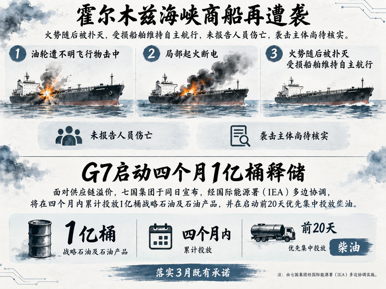 遇袭油轮灭火后继续航行,G7以四个月储备释放缓冲燃料供应。