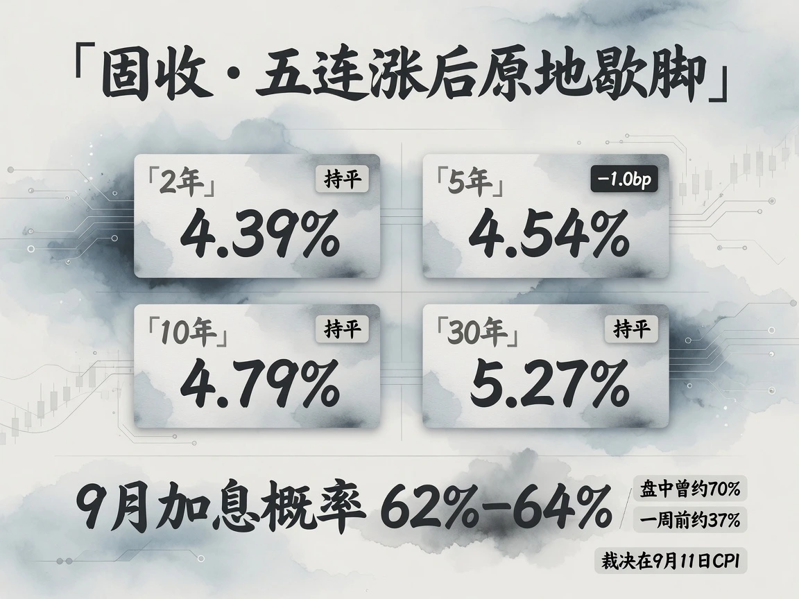 固收章图:美债五连涨后原地歇脚,2年4.39%、5年4.54%(-1.0bp)、10年4.79%、30年5.27%均持平或微降,9月加息概率62%–64%