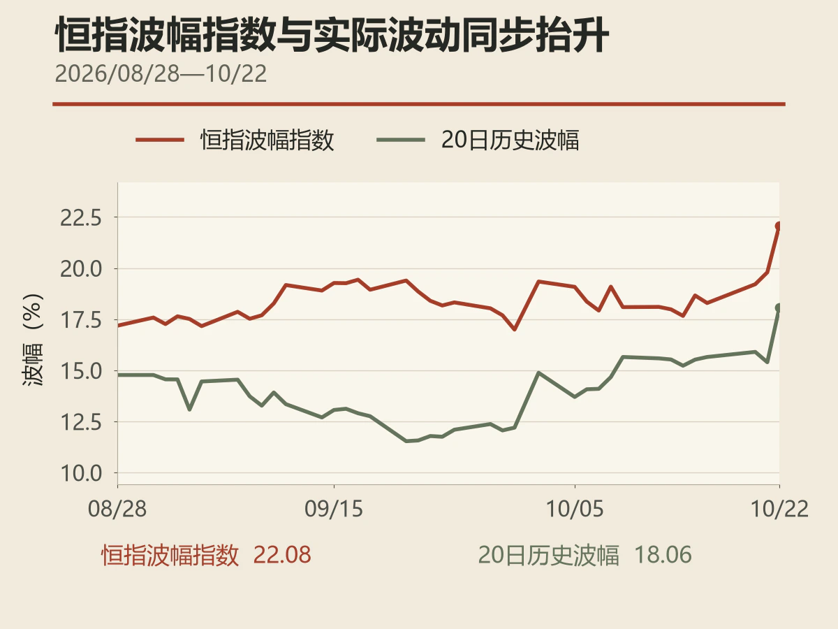 Hang Seng implied and 20-day historical volatility histories.
