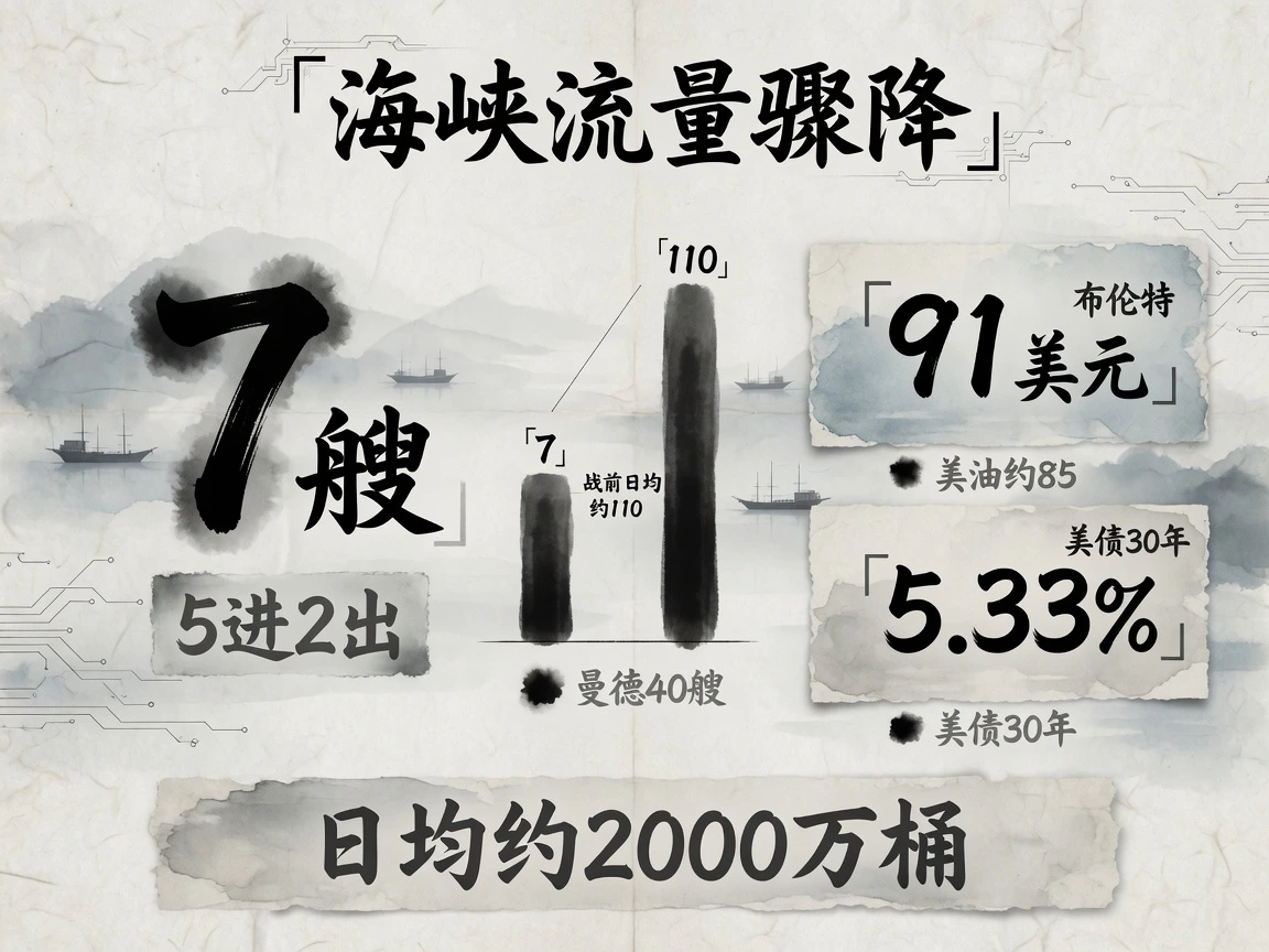 霍尔木兹24小时仅7艘过境(5进2出)对战前日均约110;曼德40艘;布伦特91美元、美油约85、美债30年5.33%