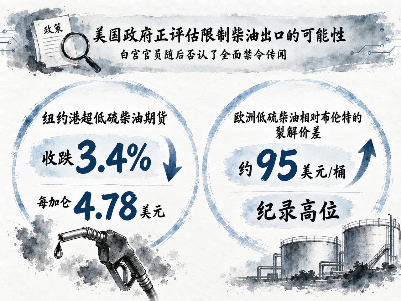 柴油出口限制讨论引发跨区域分化，白宫随后否认全面禁令传闻。