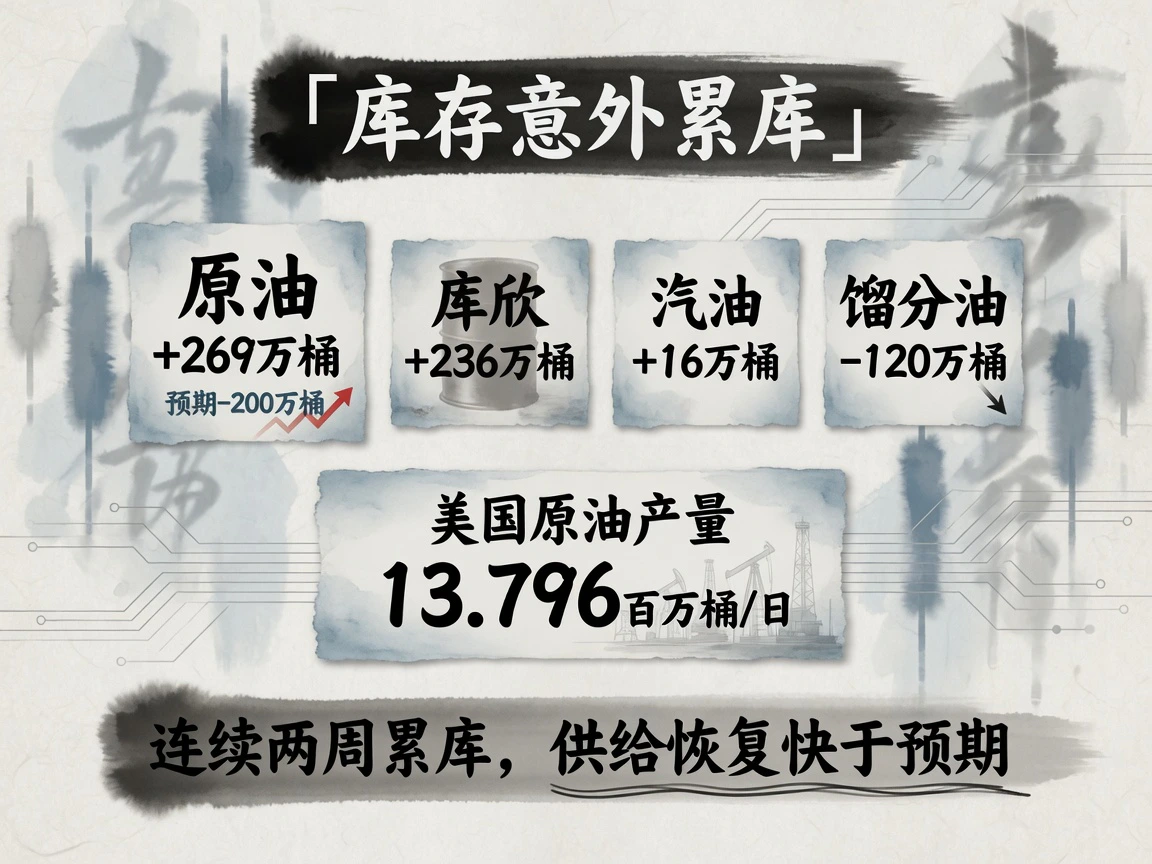 库存意外累库：原油+269万桶(预期-200万桶)、库欣+236万桶、汽油+16万桶、馏分油-120万桶、产量13.796百万桶/日