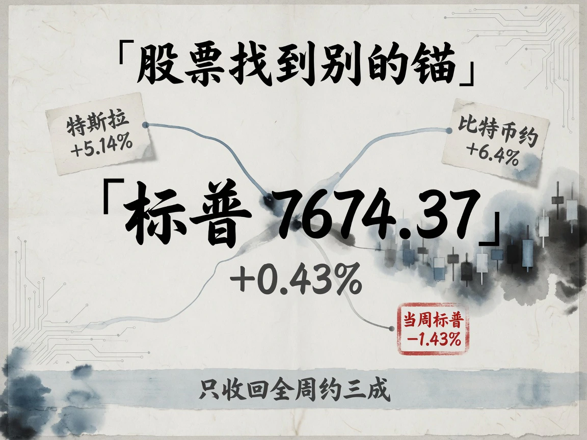 标普收7674.37涨0.43%；特斯拉涨5.14%、比特币约涨6.4%；当周标普跌1.43%