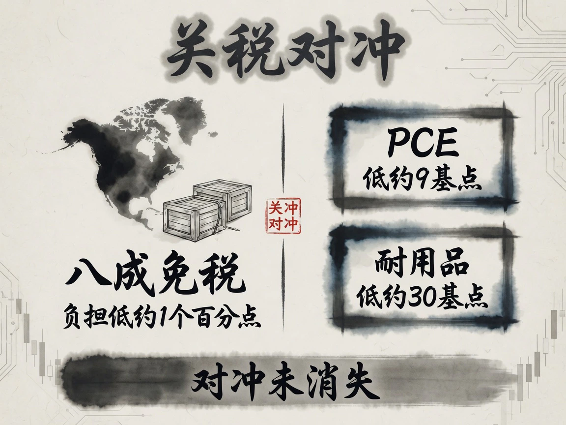 八成进口免税,关税负担低约1个百分点,PCE冲击低约9基点、耐用品低约30基点,对冲未消失