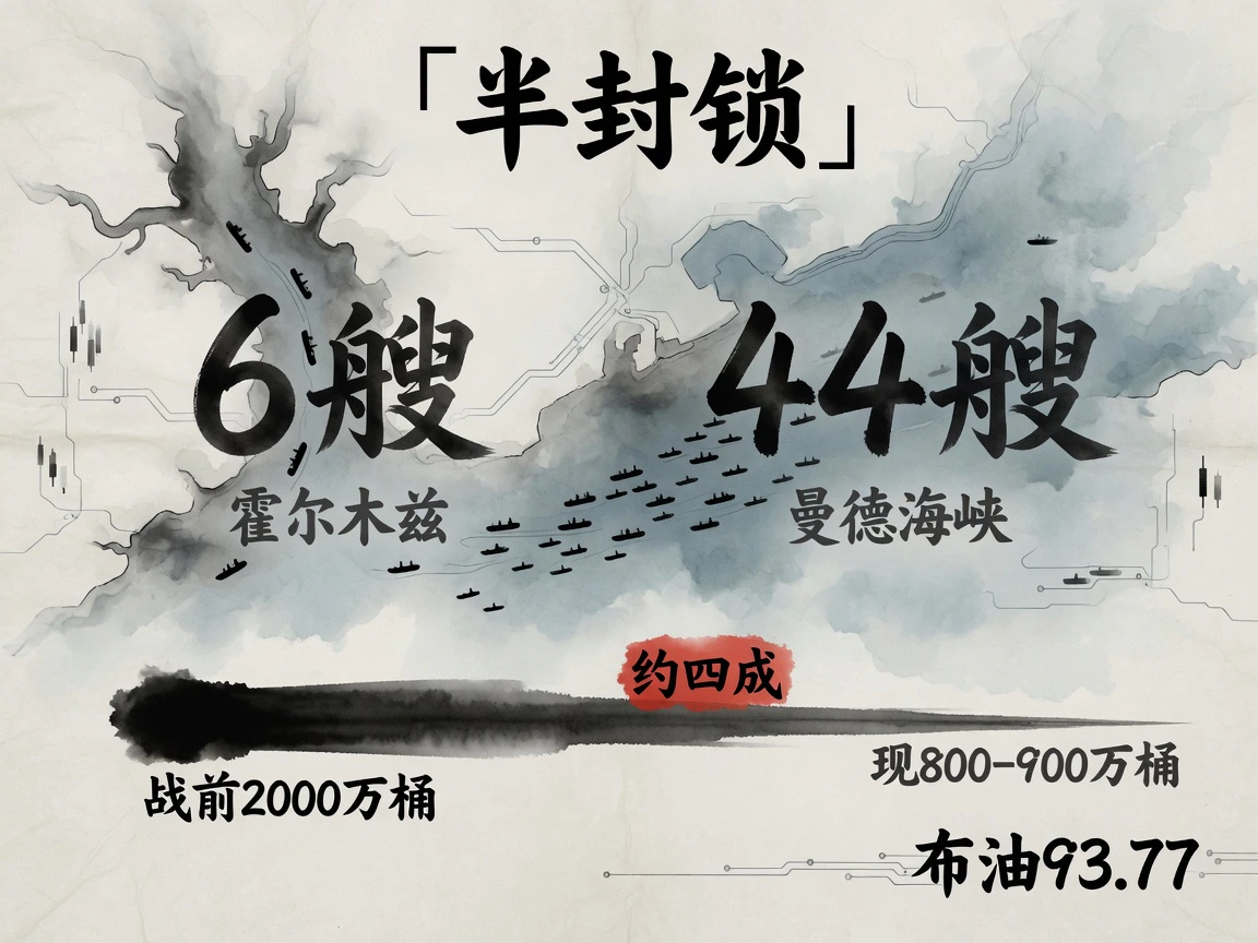 半封锁数字:霍尔木兹至少6艘对曼德海峡至少44艘;日通800-900万桶约为战前2000万桶的四成;布油93.77美元