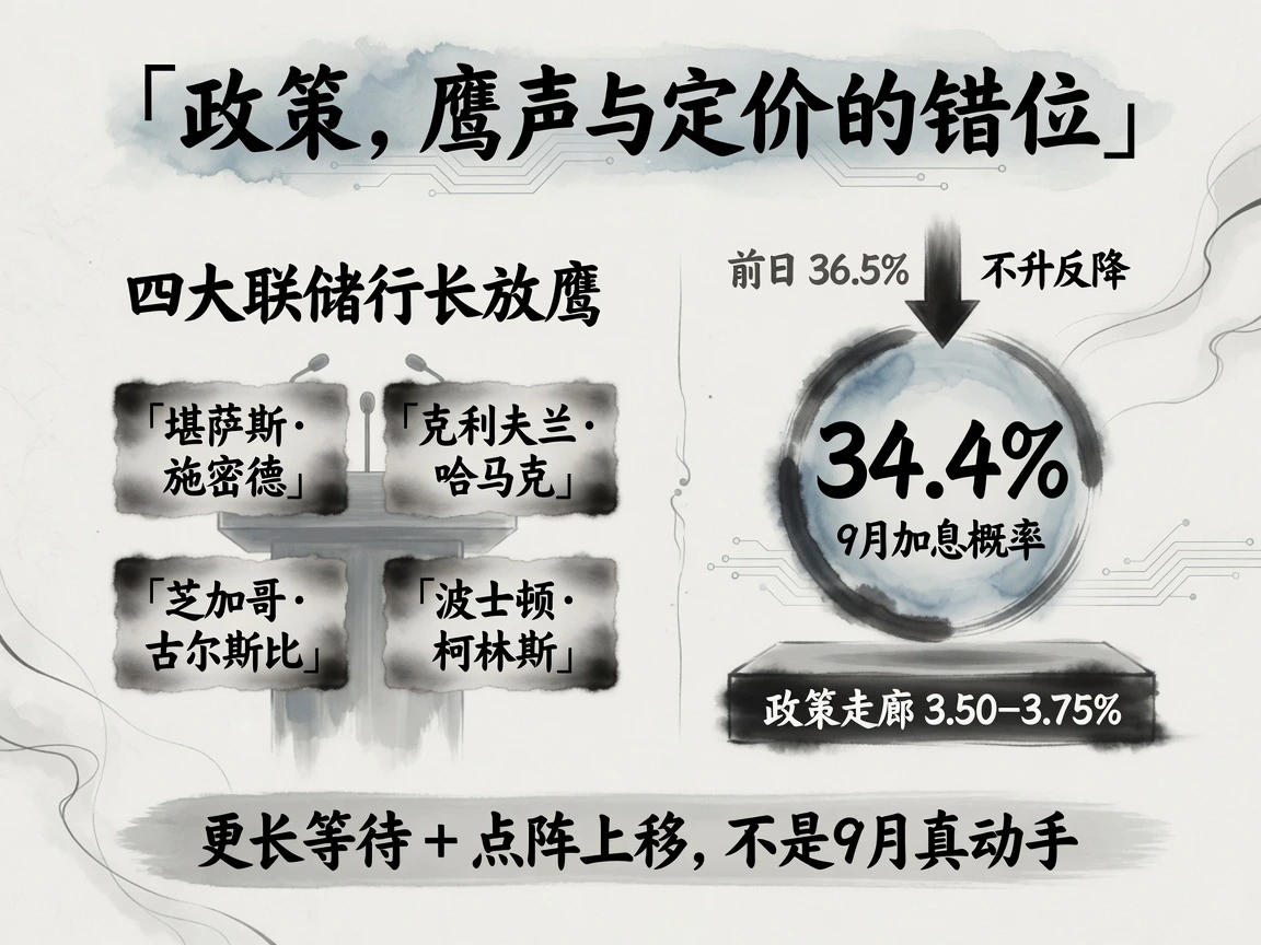 政策:四位联储行长放鹰,9月加息概率34.4%(前日36.5%)不升反降,政策走廊3.50-3.75%