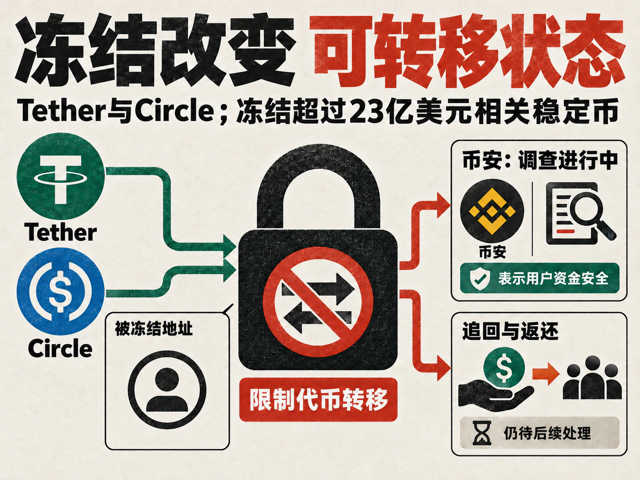 Tether and Circle freezing powers restrict token transfers; Binance's investigation and the recovery and return of assets remain separate steps.