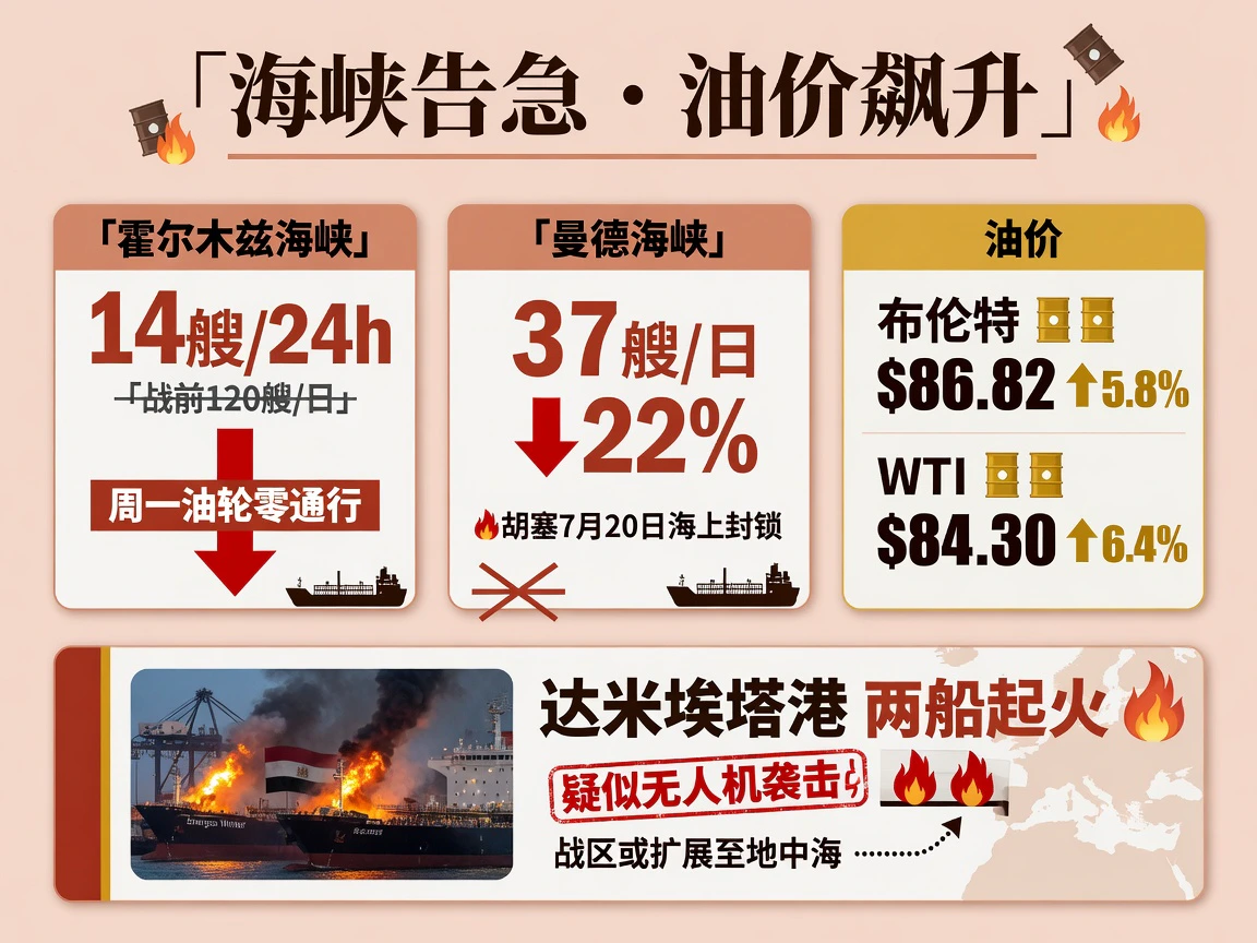 霍尔木兹通行量极度低迷，地中海港口突发起火，油价飙升
