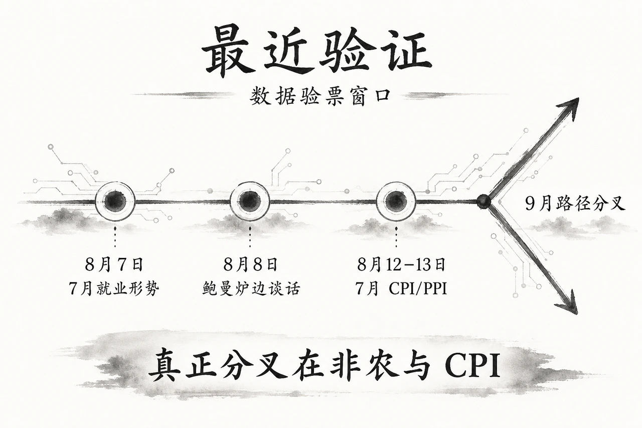 最近验证时间线:8月7日7月就业形势→8月8日鲍曼炉边谈话→8月12–13日7月CPI/PPI