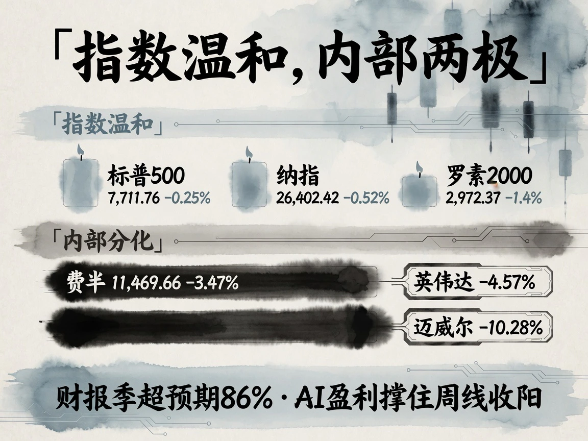 股市指数温和内部两极：标普-0.25%、纳指-0.52%、费半-3.47%，英伟达-4.57%、迈威尔-10.28%