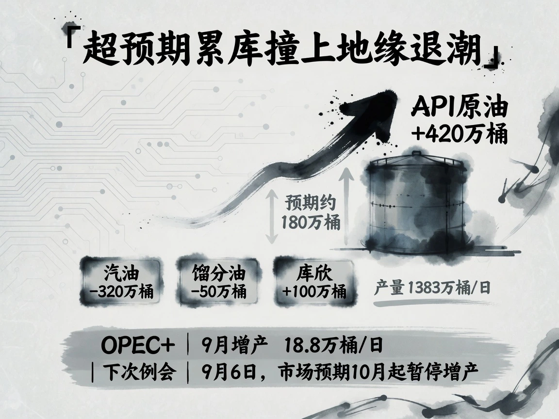 超预期累库撞上地缘退潮：API原油+420万桶超预期约180万桶，成品油去库，OPEC+9月增产18.8万桶/日