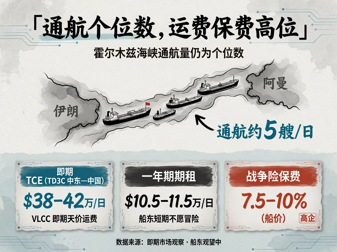 霍尔木兹流量个位数：通航约5艘/日，TD3C即期TCE约38-42万美元/日、一年期期租约10.5-11.5万美元/日，战争险保费7.5-10%