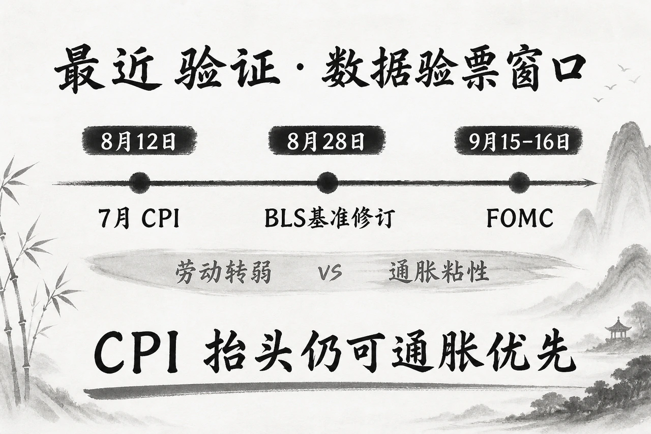最近验证时间线:8月12日7月CPI → 8月28日BLS基准修订 → 9月15–16日FOMC;CPI抬头仍可通胀优先