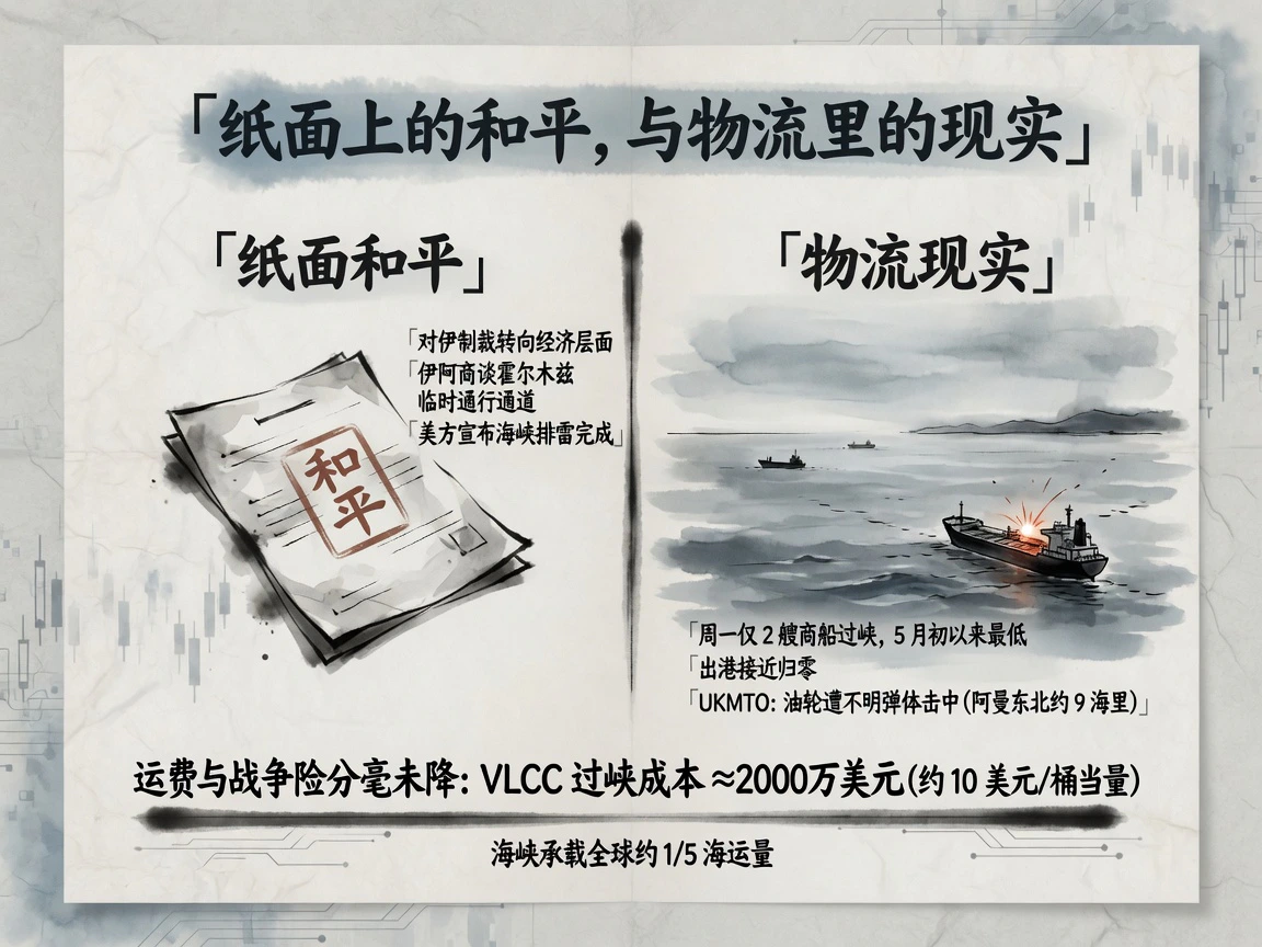 纸面上的和平与物流里的现实：外交信号扎堆，但周一仅2艘商船过峡、出港近零，VLCC过峡成本约2000万美元