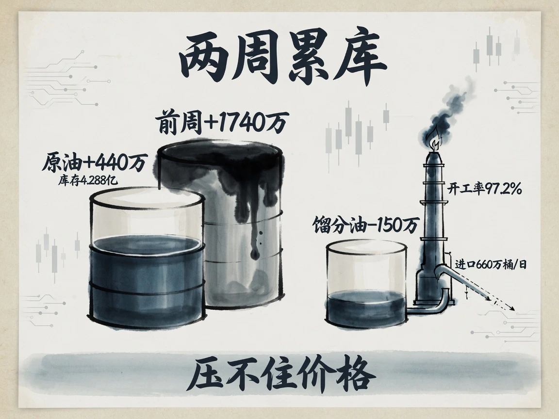 EIA原油累库440万桶至4.288亿桶，前周曾暴增1740万桶