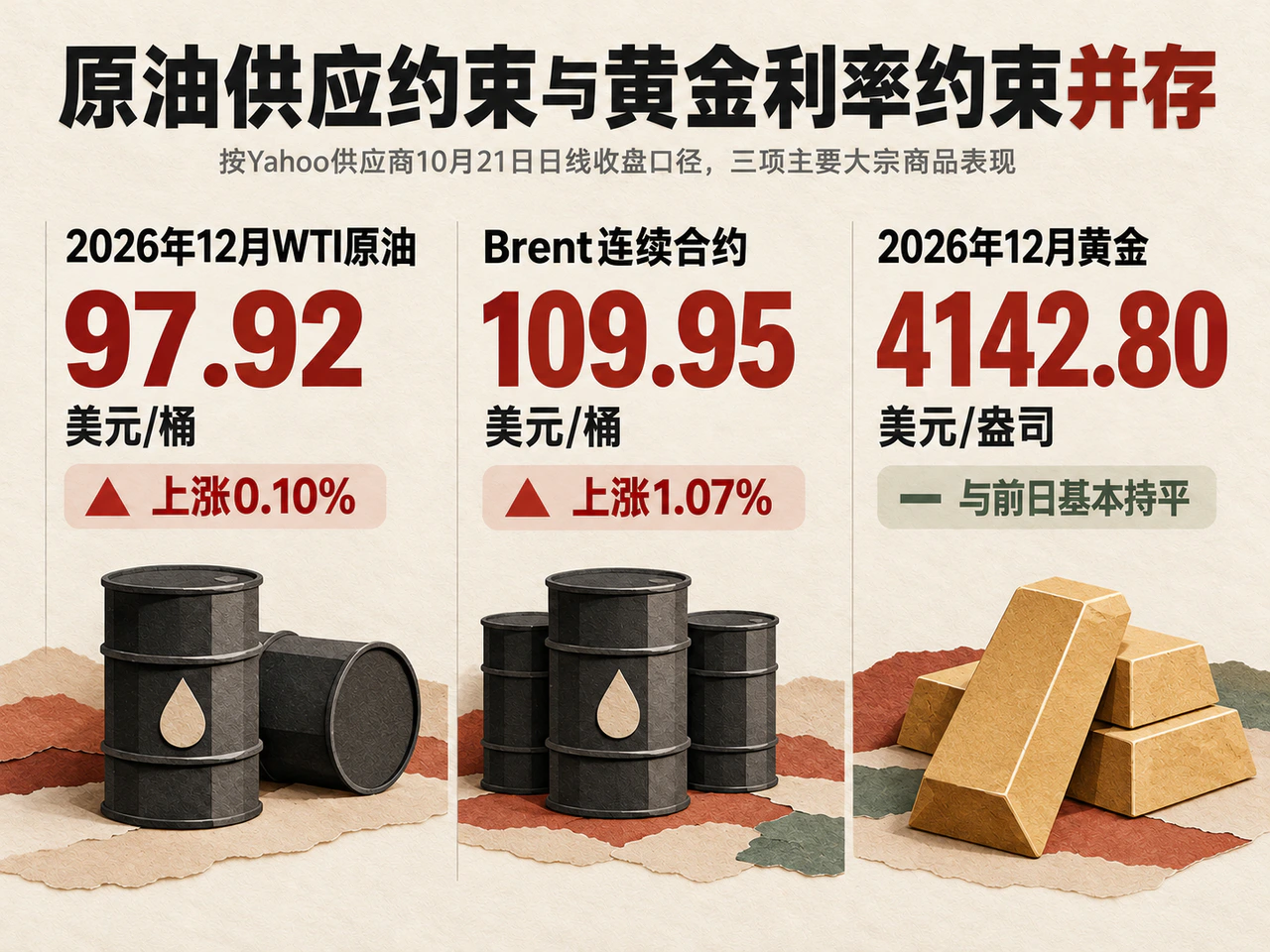 October 21 WTI, Brent and gold closing prices.