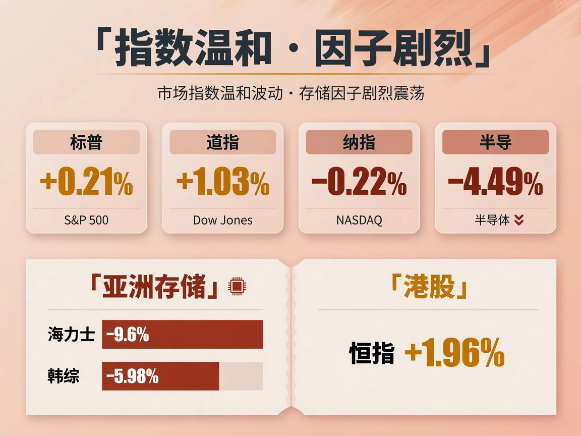 股市指数温和因子剧烈:道指+1.03%、半导−4.49%、海力士−9.6%、韩综−5.98%、恒指+1.96%