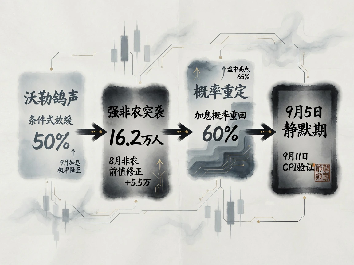 政策预期重构:沃勒鸽声(50%)遭遇强非农(16.2万),前值上修5.5万,加息概率反弹至60%(高点65%),9月5日进入静默期,9月11日CPI决战