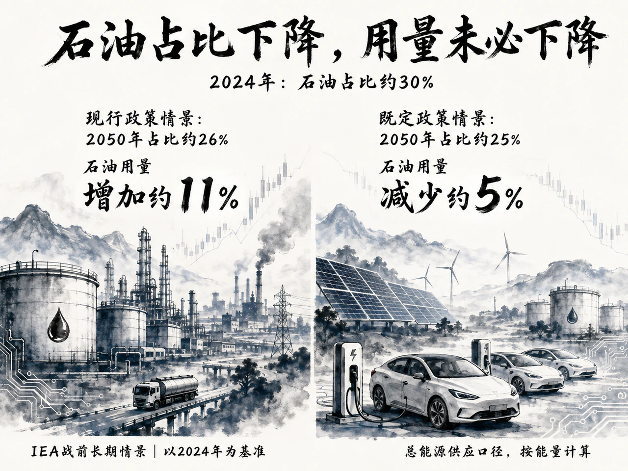 IEA两种长期情景中的石油能源占比与绝对用量