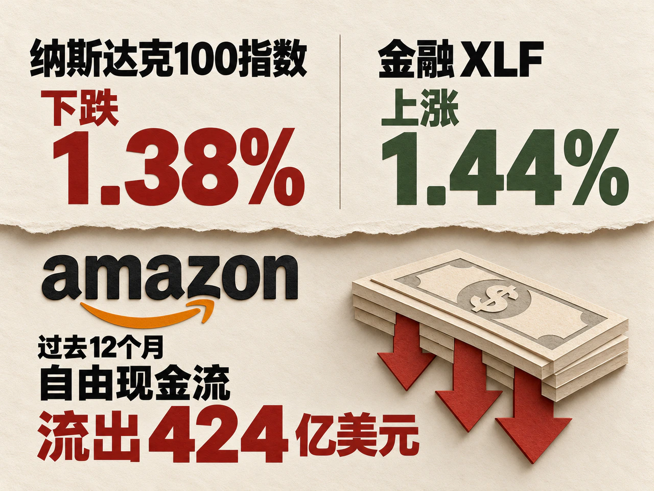 Paper-relief comparison of the Nasdaq 100’s 1.38% decline, financials ETF XLF’s 1.44% gain and Amazon’s trailing-twelve-month free cash outflow of $42.4 billion.