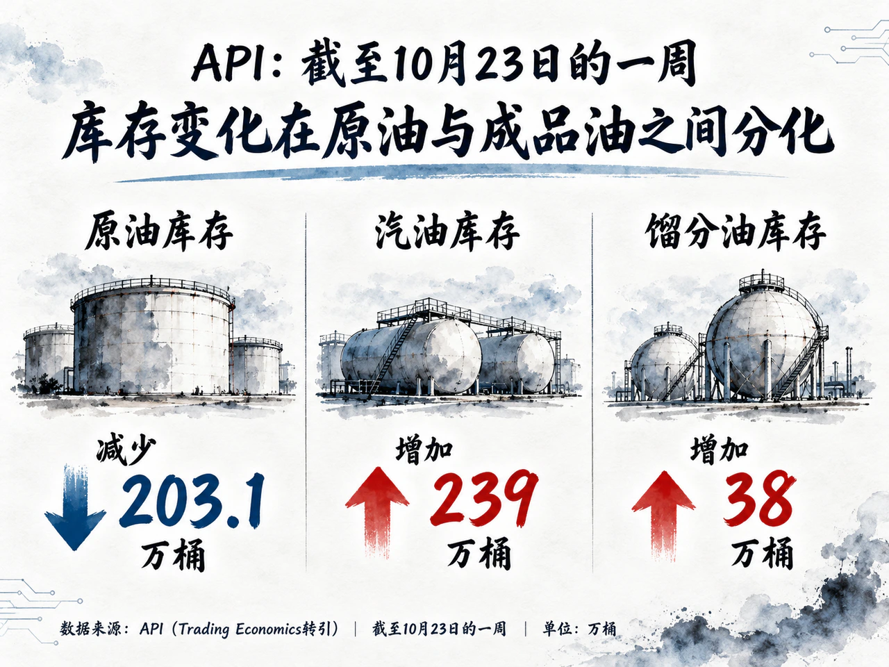 API reports a crude draw but increases in gasoline and distillate inventories.