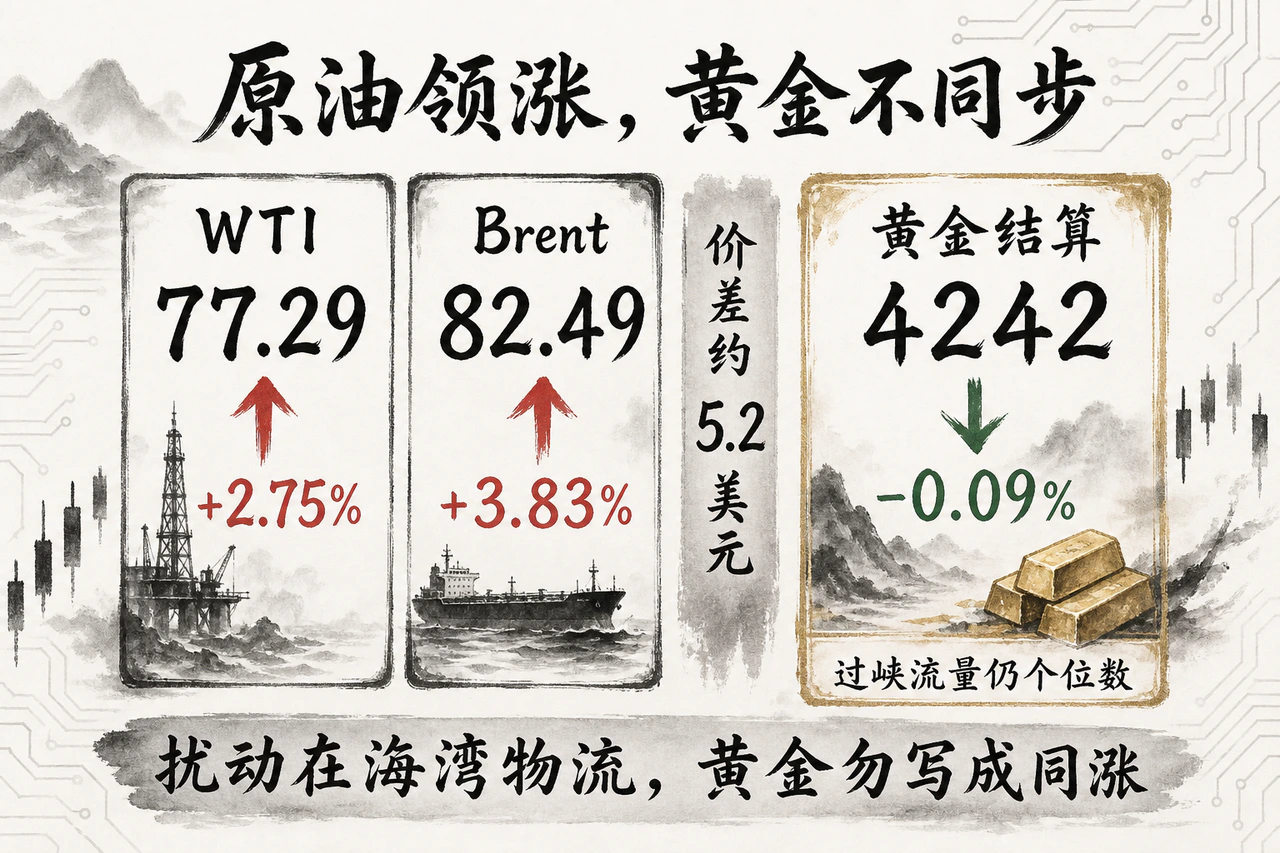 商品原油领涨黄金不同步：WTI 77.29(+2.75%)、Brent 82.49(+3.83%)、价差约5.2美元，黄金结算4242(−0.09%)