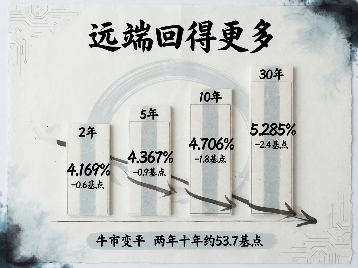 美债收盘对收盘:2年4.169%、5年4.367%、10年4.706%、30年5.285%,远端降幅更大,两年十年约53.7基点