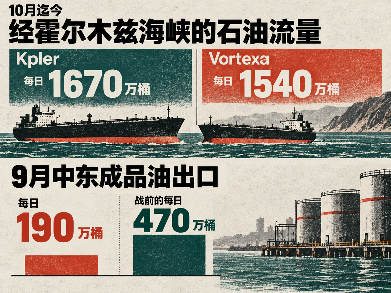 Hormuz crude-flow estimates and Middle East product exports compared with prewar levels.