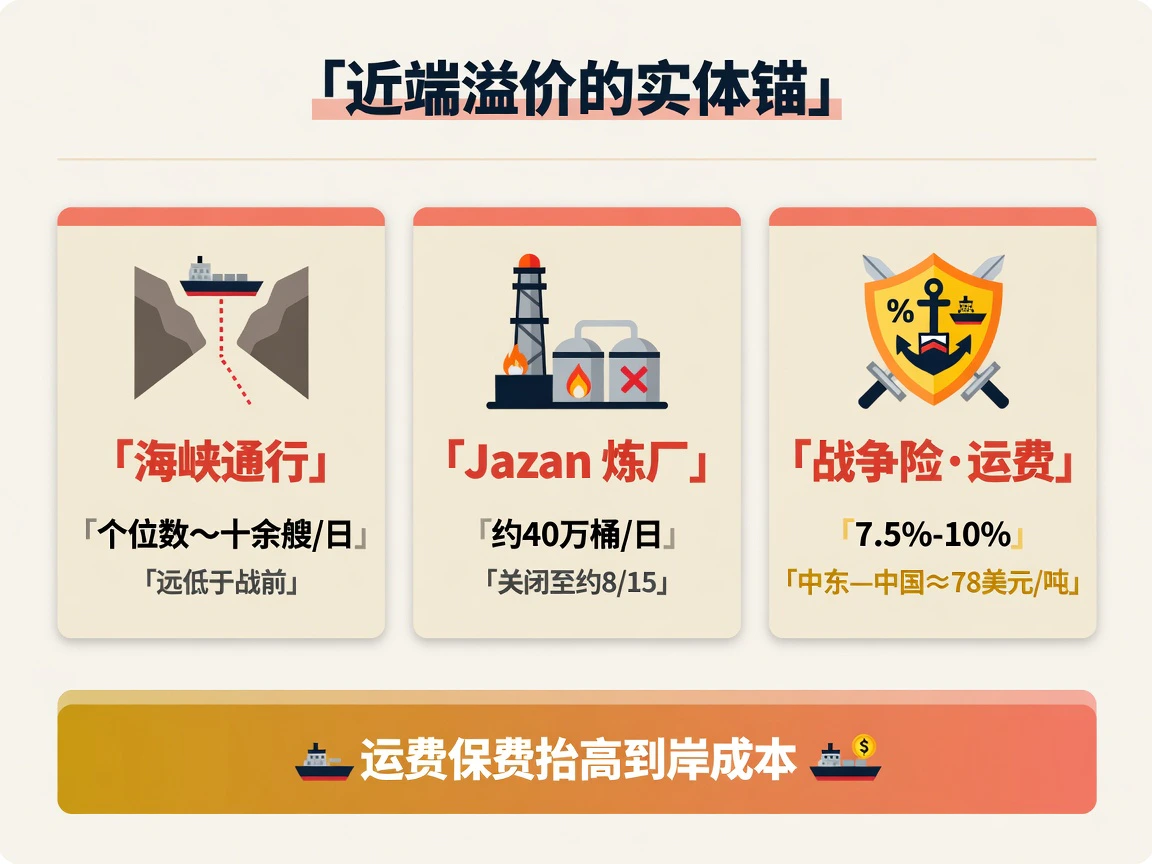 海峡通行个位数至十余艘、Jazan炼厂约40万桶/日关闭、战争险7.5%–10%与运费约78美元/吨