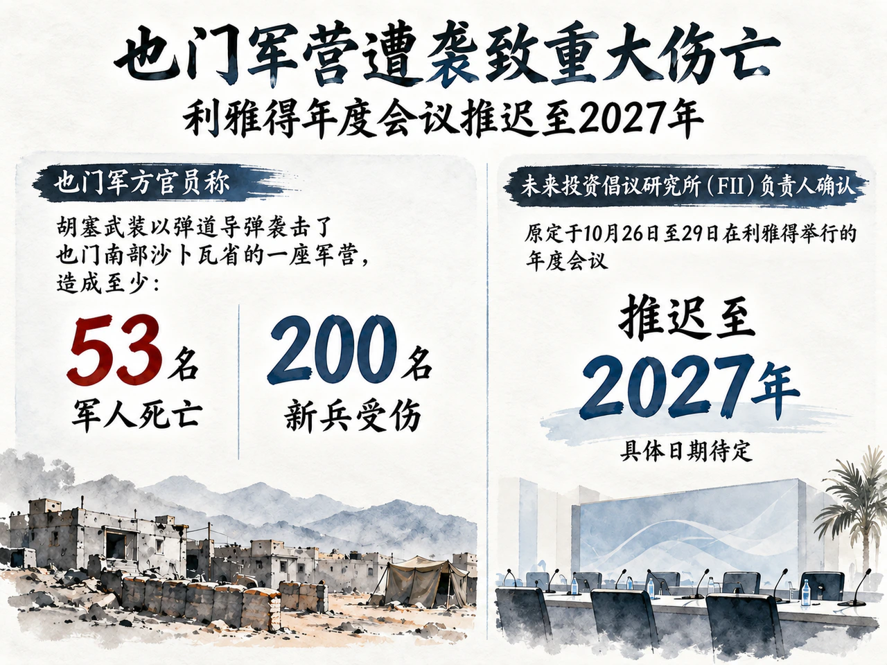 Reported Shabwa casualties of at least 53 killed and 200 wounded, and FII postponed to 2027.