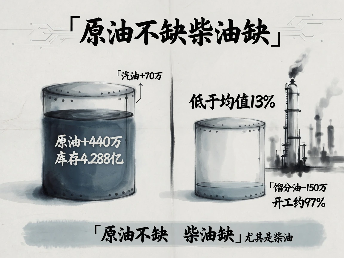 美国原油库存增 440 万桶至 4.288 亿桶，馏分油降 150 万桶、低于五年均值约 13%