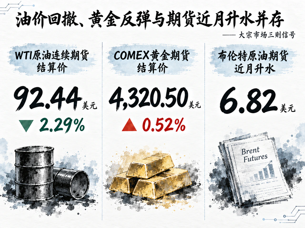 WTI原油连续期货下跌2.29%至92.44美元,COMEX黄金期货上涨0.52%至4,320.50美元。
