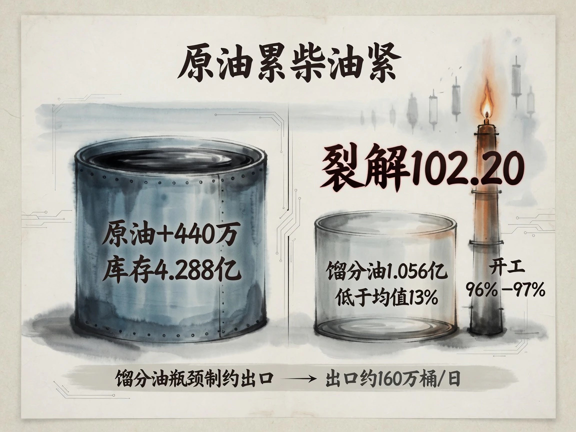 原油累库440万桶至4.288亿桶，馏分油1.056亿桶，柴油裂解102.20