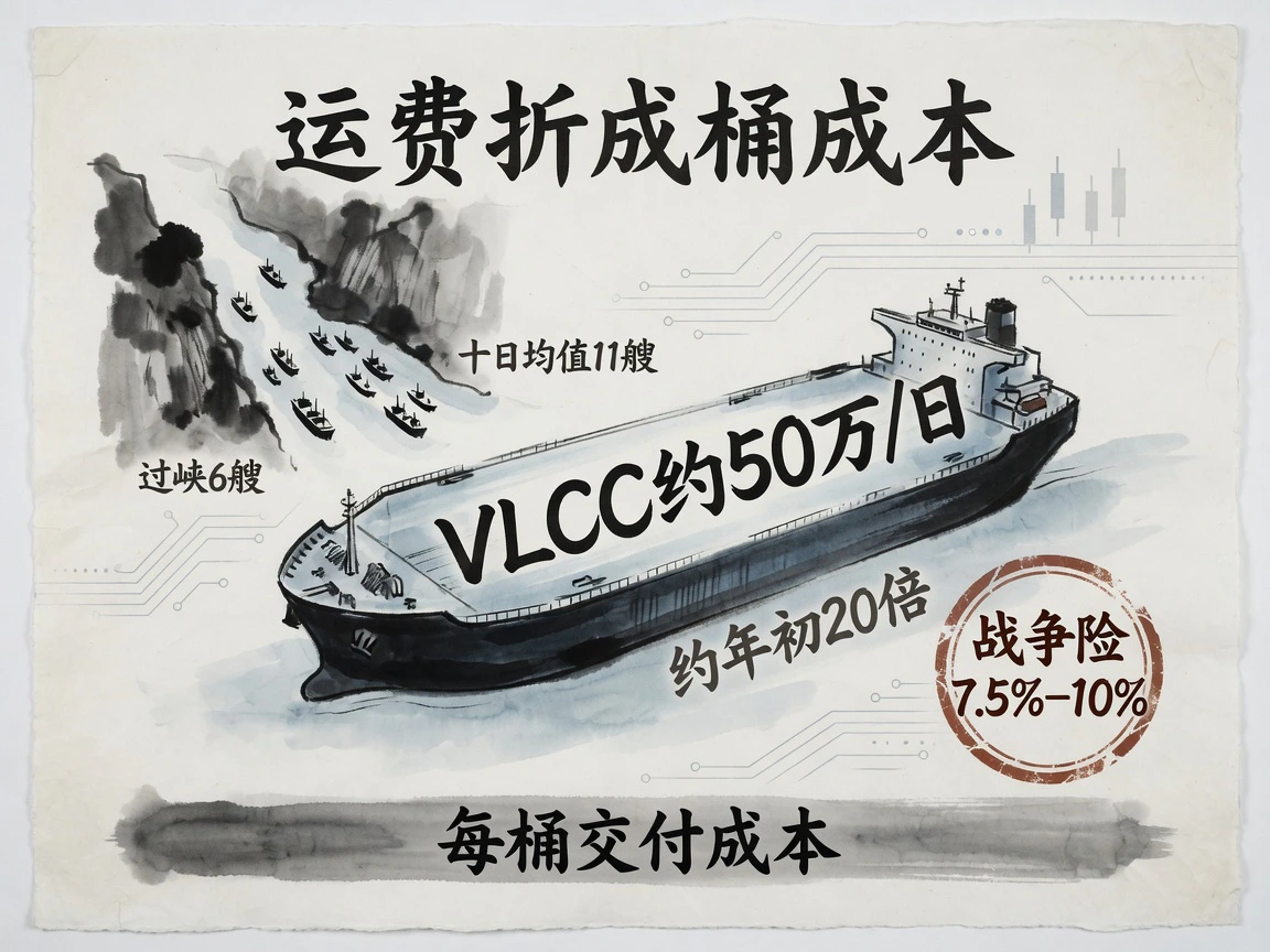过峡仅6艘、VLCC约50万美元/日，战争险7.5%至10%