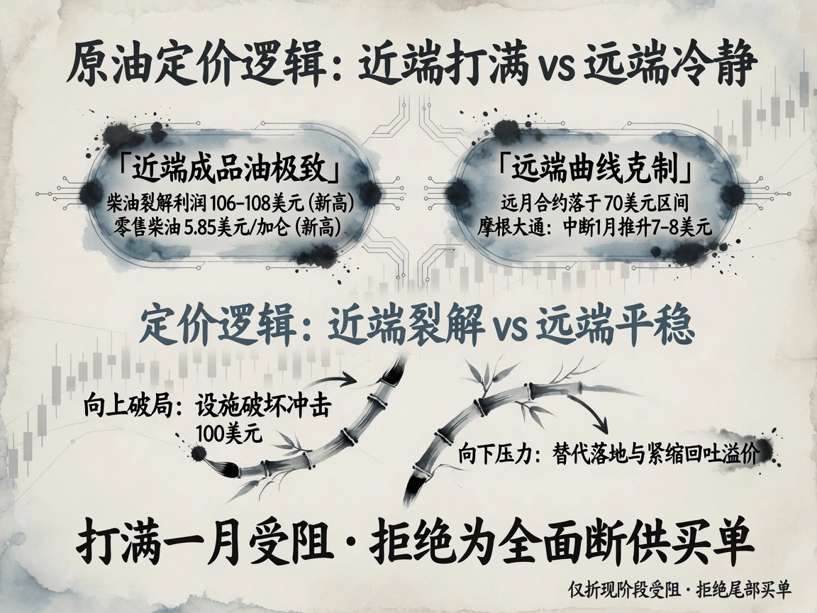 原油定价逻辑框架:美国柴油裂解利润106-108美元与零售价5.85美元创新高,远月平稳落在70美元区间拒绝全面断供买单;大行仅折现1个月受阻,向上破局看100美元、向下看替代落地与紧缩溢价回吐