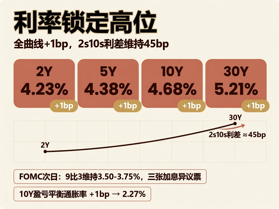 美债收益率：消化日锁定高位，2Y 4.23%/10Y 4.68%/30Y 5.21%，全曲线+1bp