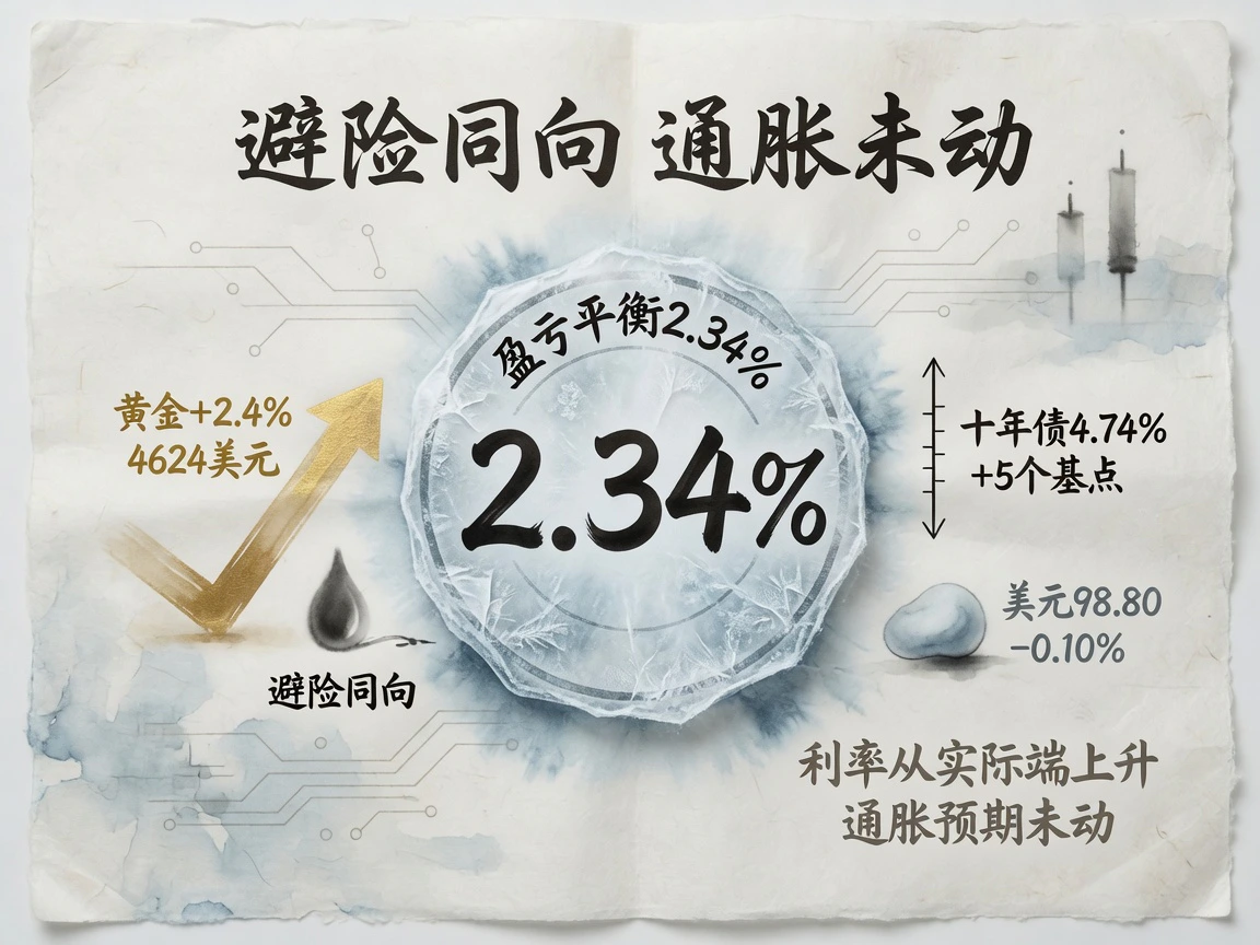 十年期盈亏平衡通胀率持平 2.34%，黄金涨 2.4% 至 4624 美元，十年债 4.74% 升 5 个基点