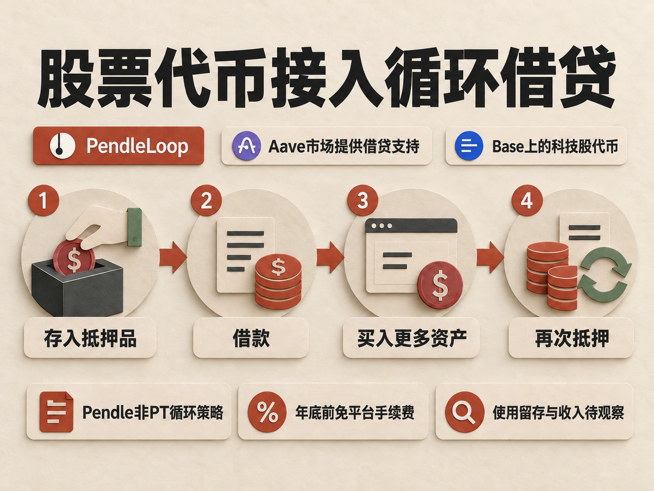 Four stages of a looping loan using tokenized equities, with promotional fees and retention still to be tested.