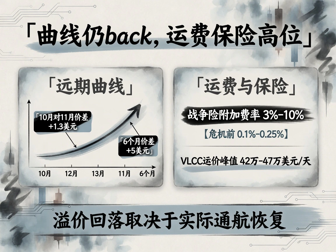 曲线仍back：10月对11月价差+1.3美元、6个月+5美元；战争险3%-10%，VLCC峰值42万-47万美元/天