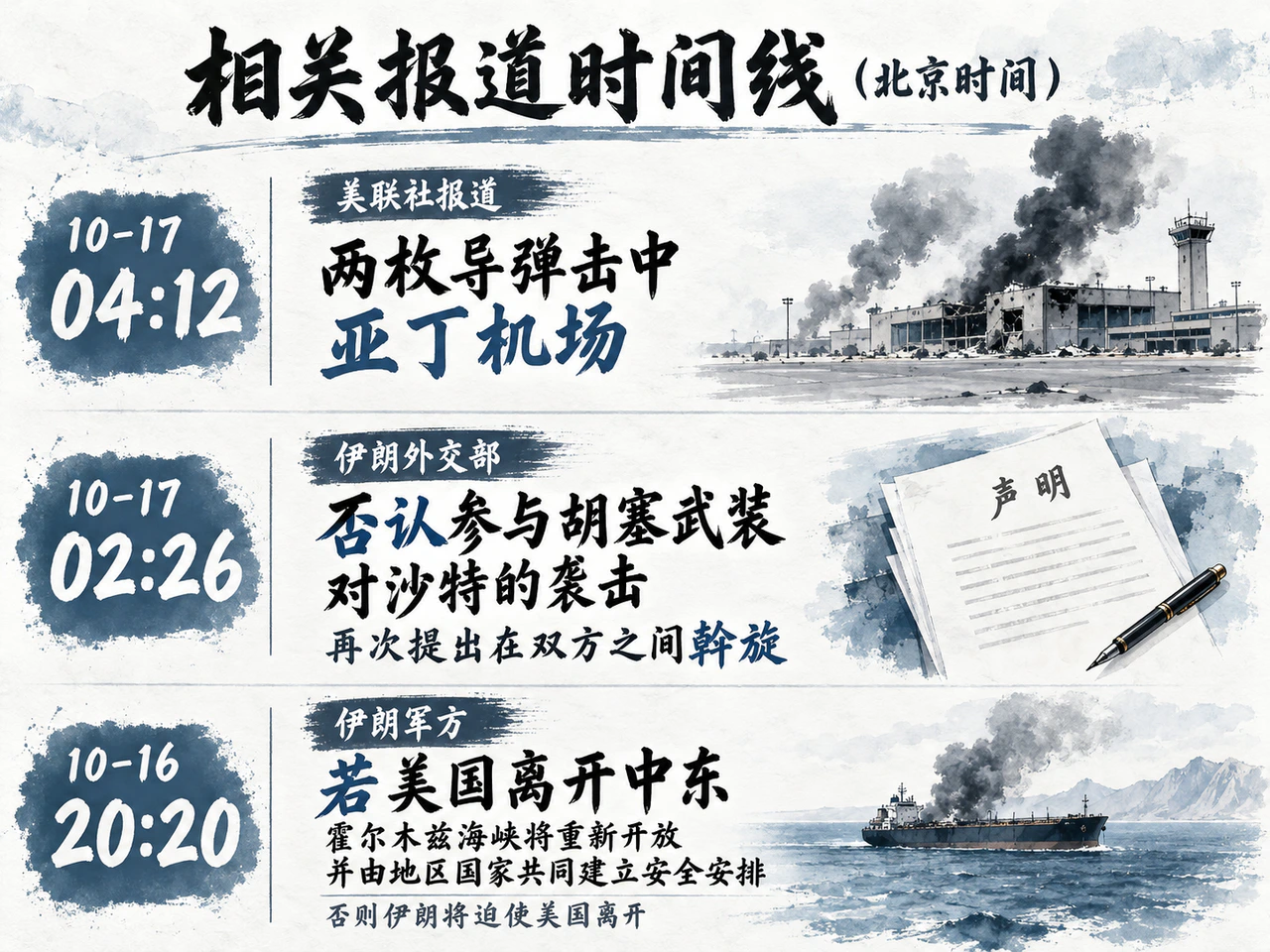 本期关键进展包括亚丁机场遇袭及伊朗斡旋表态
