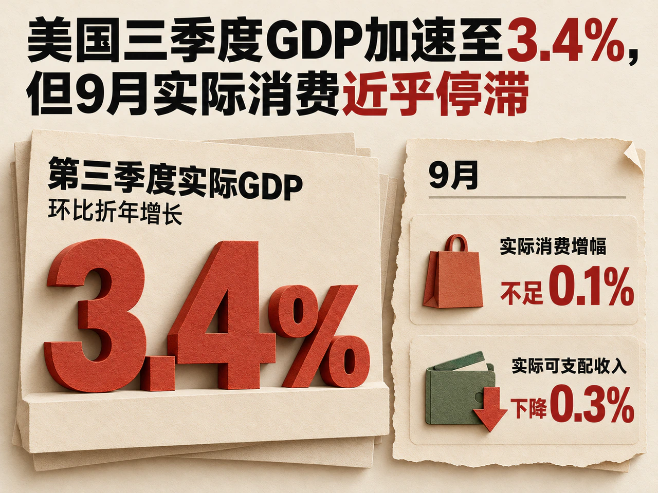 US third-quarter real GDP growth of 3.4% annualized compared with September real consumer spending growth below 0.1% and a 0.3% fall in real disposable income.