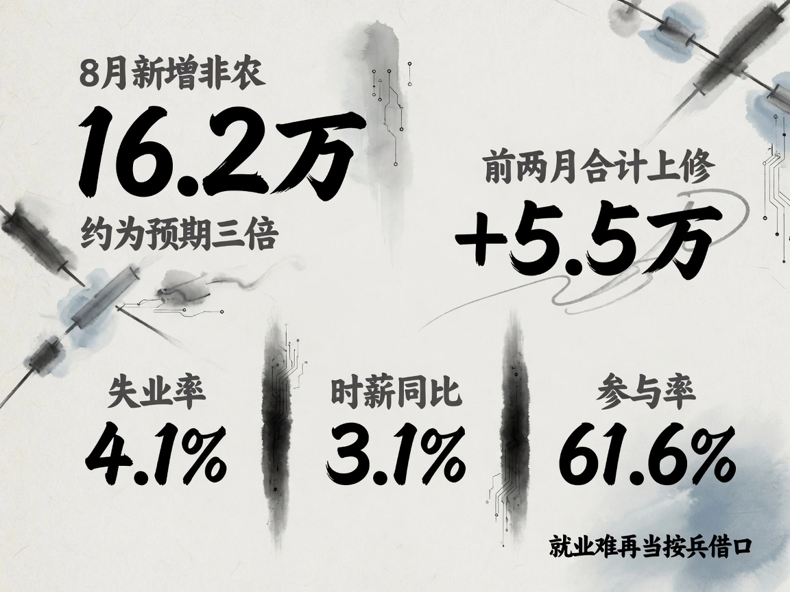 8月就业:非农新增16.2万,前两月合计上修5.5万;失业率4.1%,时薪同比增长3.1%,参与率61.6%
