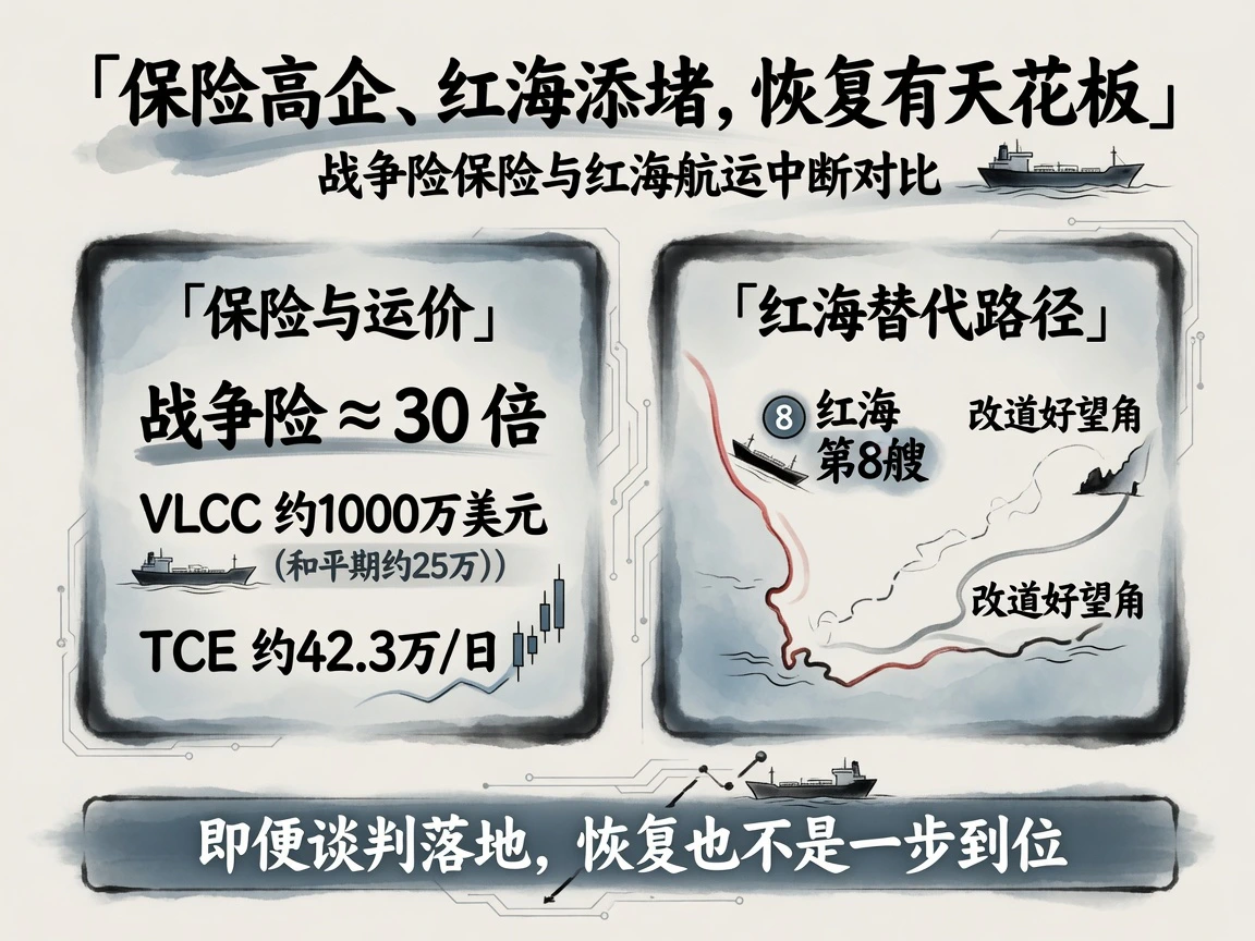 战争险溢价约为和平期30倍、VLCC过峡约1000万美元（和平期约25万）、TCE约42.3万美元/日；红海胡塞命中第8艘、沙特改道好望角，恢复有天花板