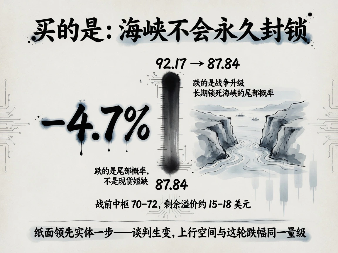 布伦特92.17至87.84跌浪约4.7%，剩余地缘溢价15-18美元