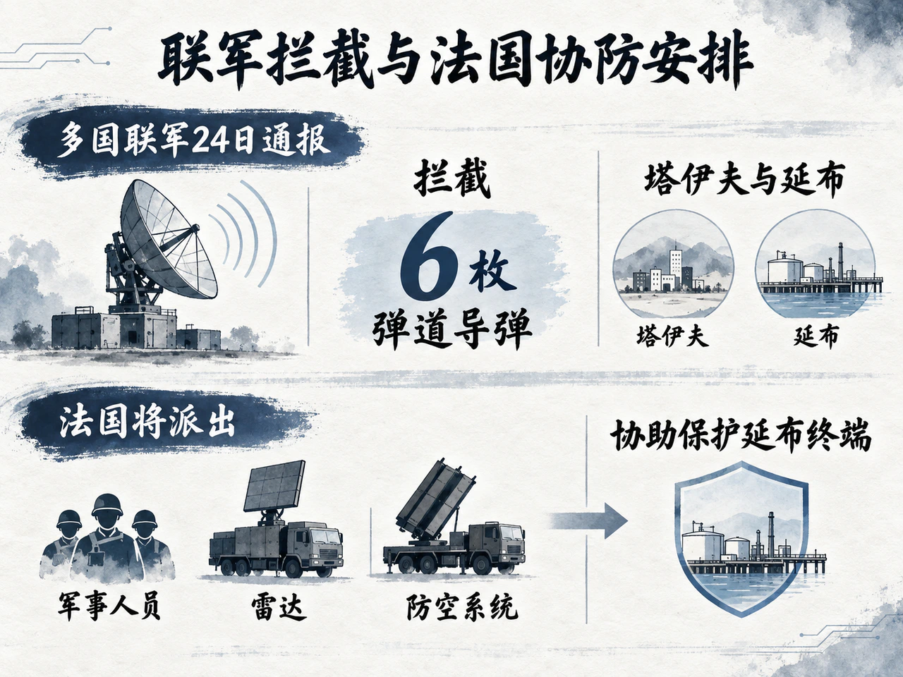 沙特联军通报拦截导弹,法国宣布将协助保护延布终端。