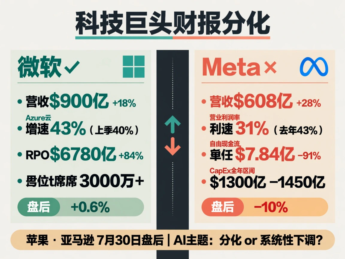 科技巨头财报分化:微软Azure+43% RPO+84% vs Meta FCF-91% CapEx上调至1300亿+