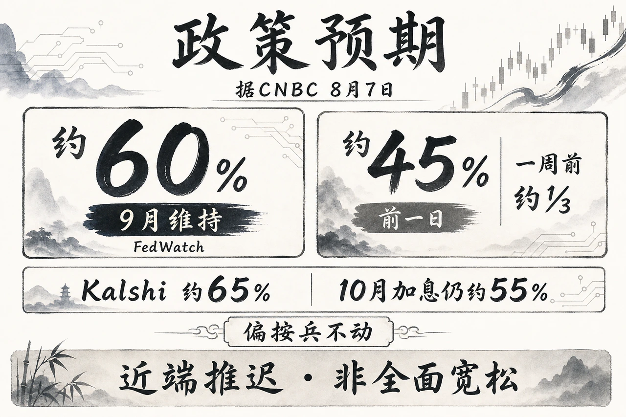 政策预期信息图:据CNBC 8月7日,CME FedWatch显示9月维持利率约60%(前一日约45%),Kalshi约65%,10月加息仍约55%;近端推迟而非全面宽松