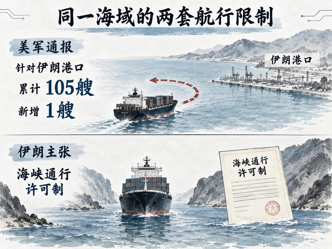 美军拦截针对伊朗港口,伊朗另主张海峡许可制,两项管制对象不同。